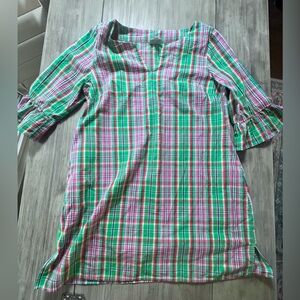 Plaid Slip On Dress 100% cotton Preppy Pink and Green Midi W/ Pockets Size L